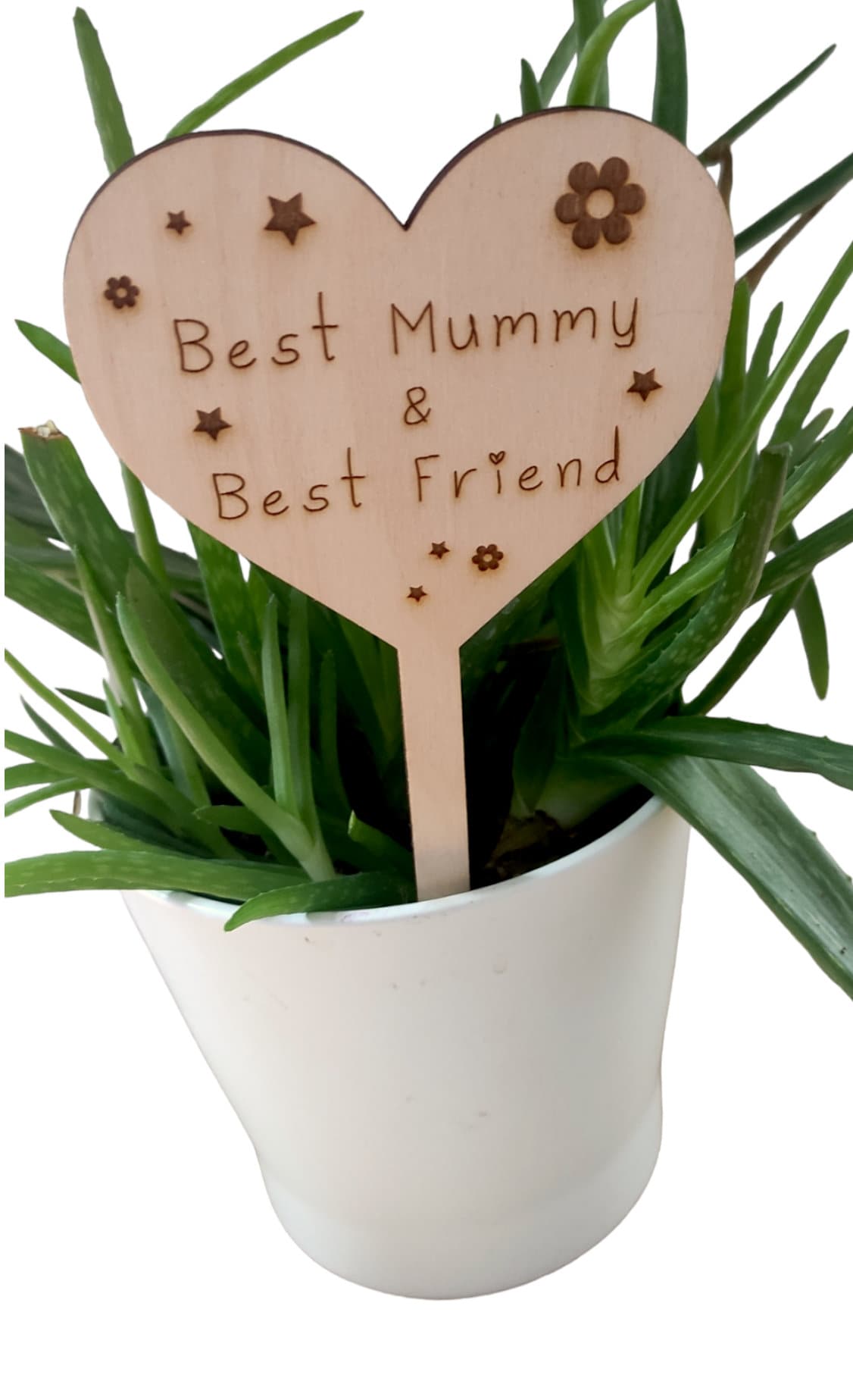 Personalised wooden plant marker with engraved floral and star design, perfect for bouquets, funeral flower arrangements, or gifting