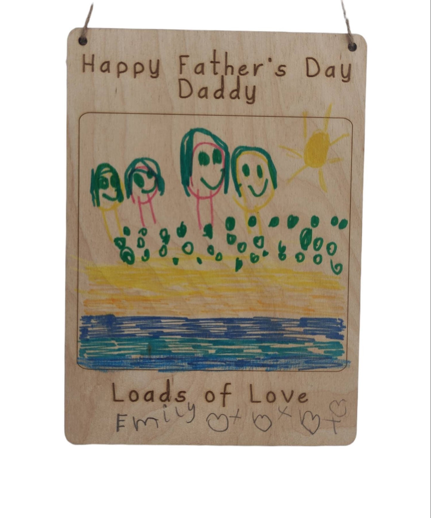 Custom wooden drawing plaque, engraved with personalised text at the top and bottom. The middle section is left blank for your child’s drawing, creating a unique keepsake. Made from 3mm plywood, size 210mm x 150mm, laser engraved with precision.