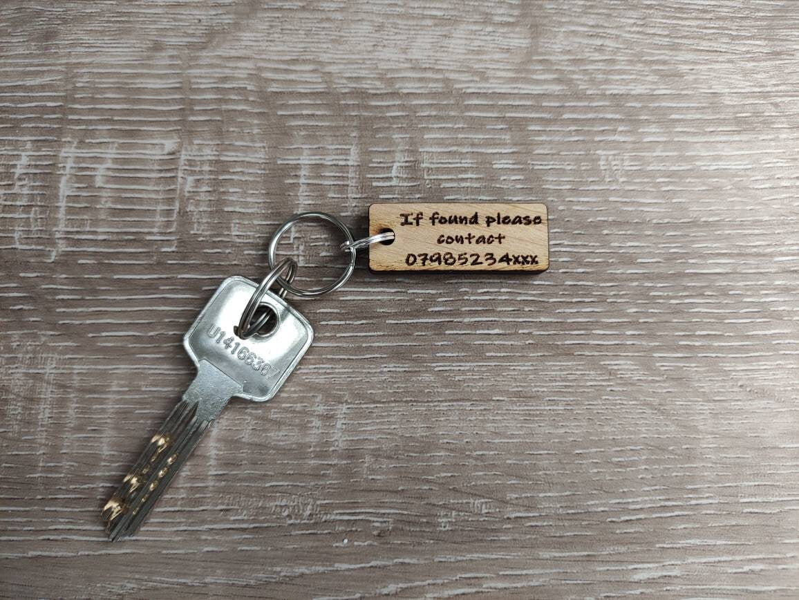 Rectangle Keyring with "If Found Please Contact" Engraved – Personalised Phone Number on Oak Veneer