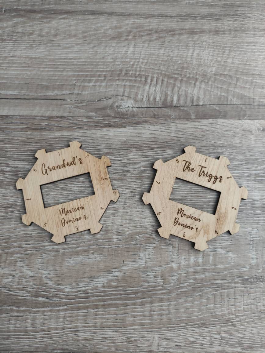 Personalised wooden hub for use with the Mexican Dominos game, custom engraved with any name. This beautifully crafted hub adds a unique, personal touch to your game setup.