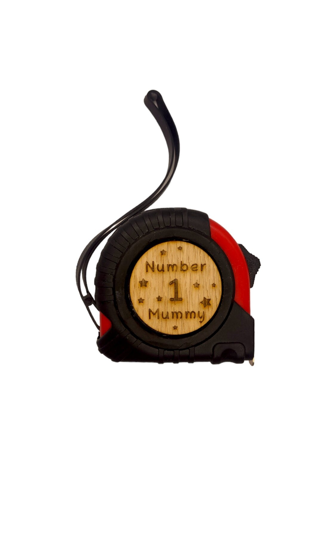 Personalised tape measure with a wooden disc, custom engraved names with your chosen message. This unique, functional gift combines practicality with a fun, stylish touch.