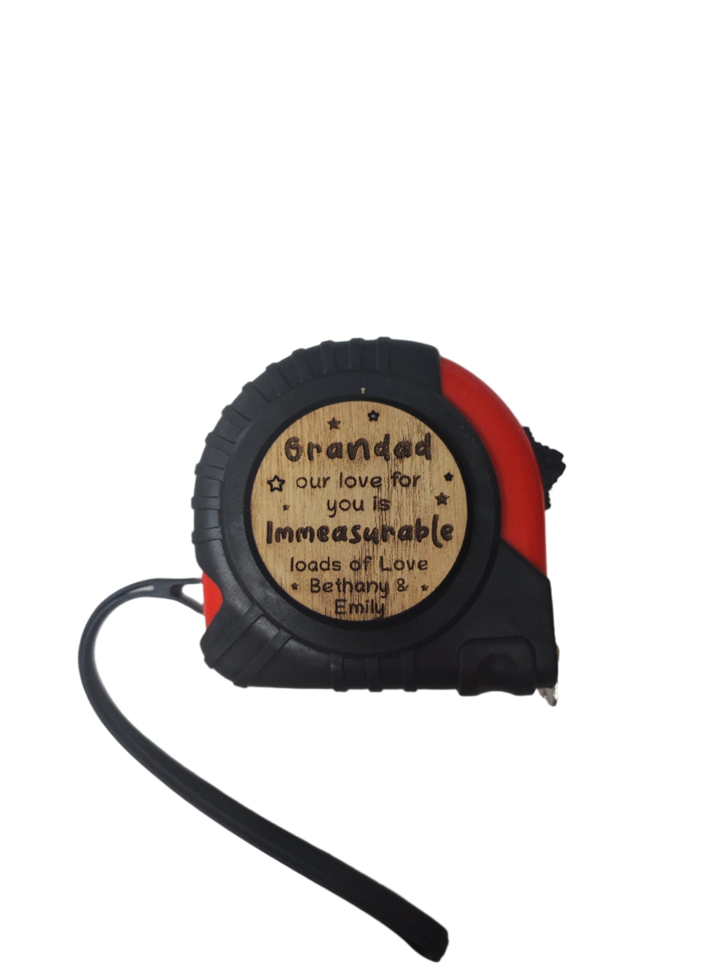 Tape Measure, personalised with a wooden disc in the middle saying "Grandad our love for you is immeasurable"