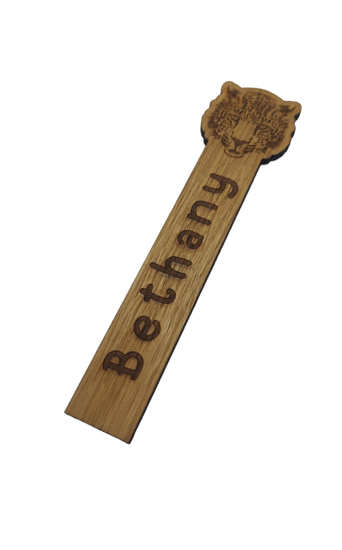 Wooden Leopard bookmark engraved with any name, featuring the Leopard as part of the design at the top.