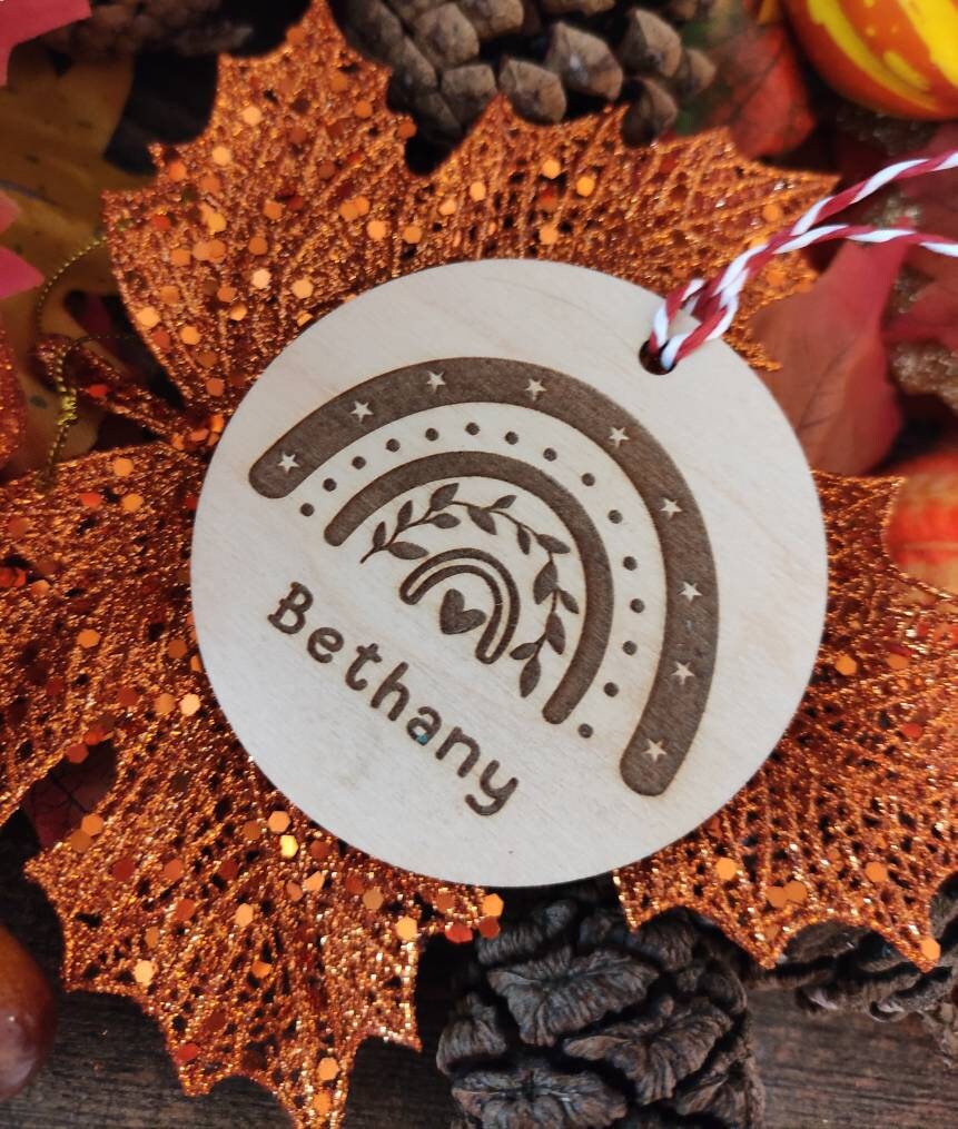 Personalised Christmas Rainbow Bauble – custom name engraved wooden or acrylic ornament with hanging string, eco-friendly festive tree decoration