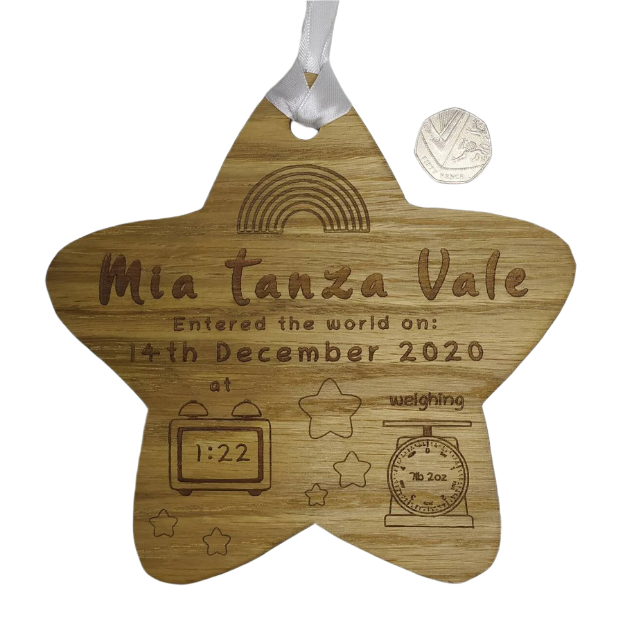 Personalised oak veneer wooden star engraved with a newborn's full name, date of birth, time, and weight. Finished with a white string for hanging, making it a thoughtful keepsake for families.
