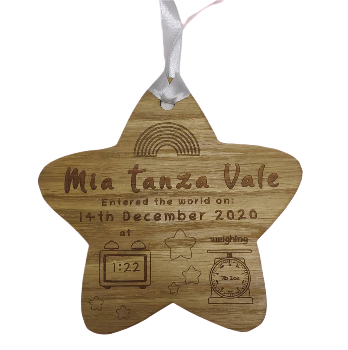 Personalised oak veneer wooden star engraved with a newborn's full name, date of birth, time, and weight. Finished with a white string for hanging, making it a thoughtful keepsake for families.