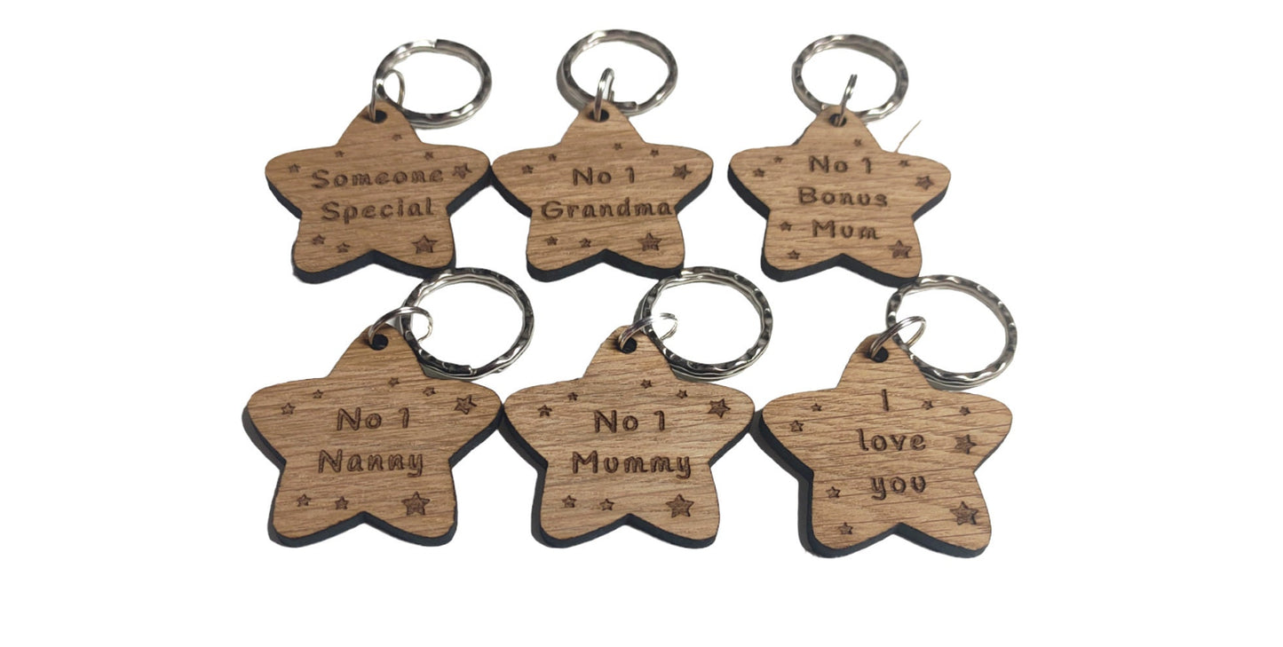 Star-shaped keyrings engraved with custom wording of your choice.