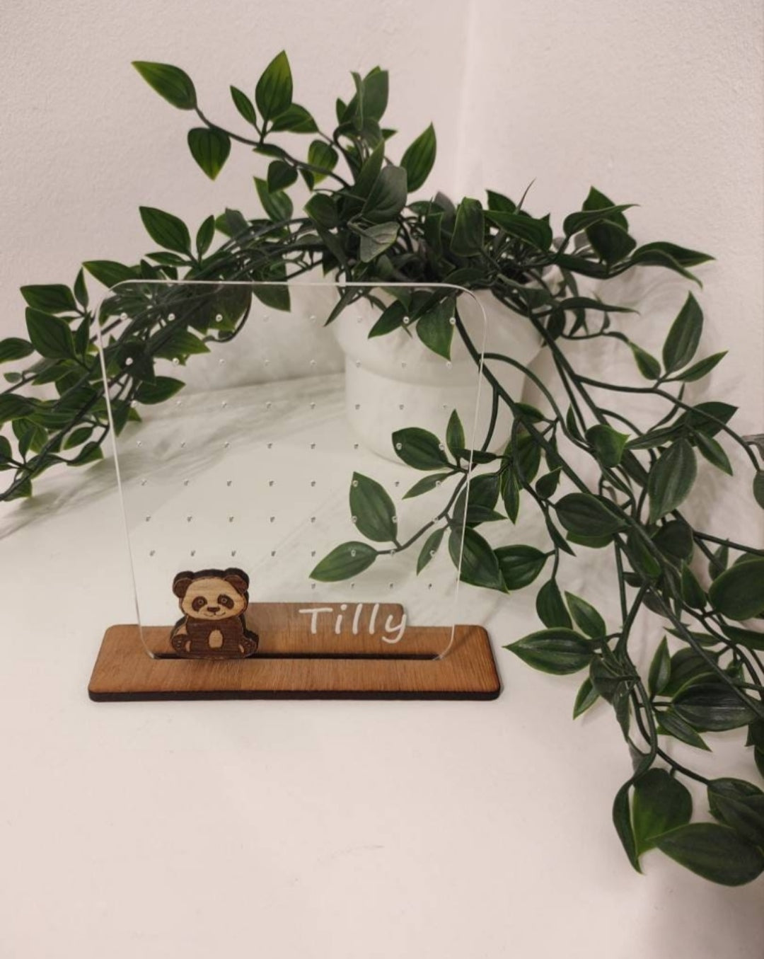 Clear acrylic earring holder with a custom engraved name across the bottom and a detailed panda design. Holds multiple pairs of earrings, combining functionality with a cute, stylish touch. Made from 100% recycled acrylic.