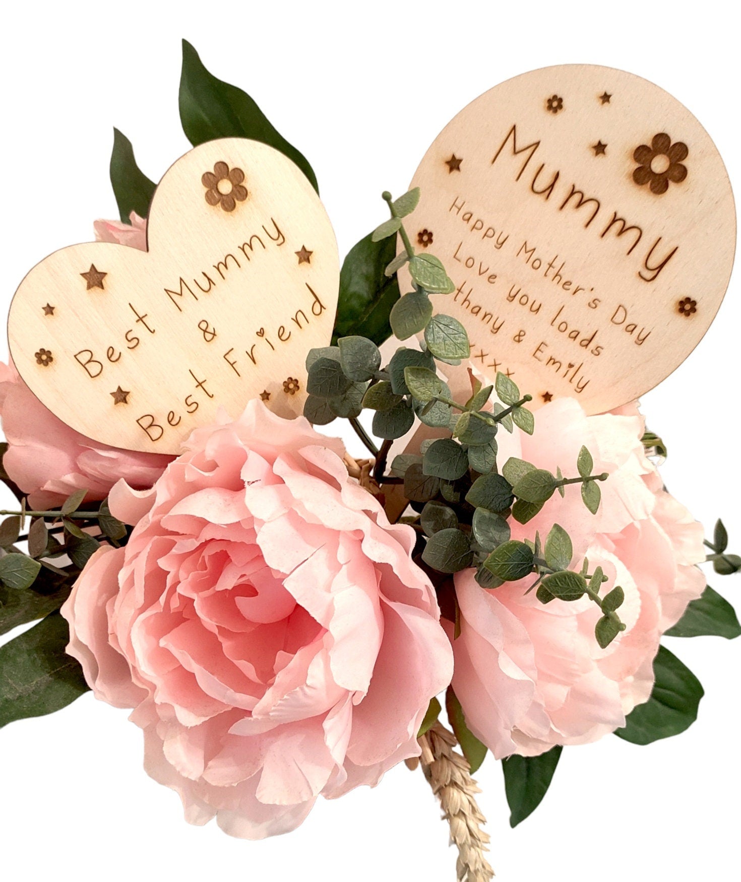 Personalised wooden plant marker with engraved floral and star design, perfect for bouquets, funeral flower arrangements, or gifting