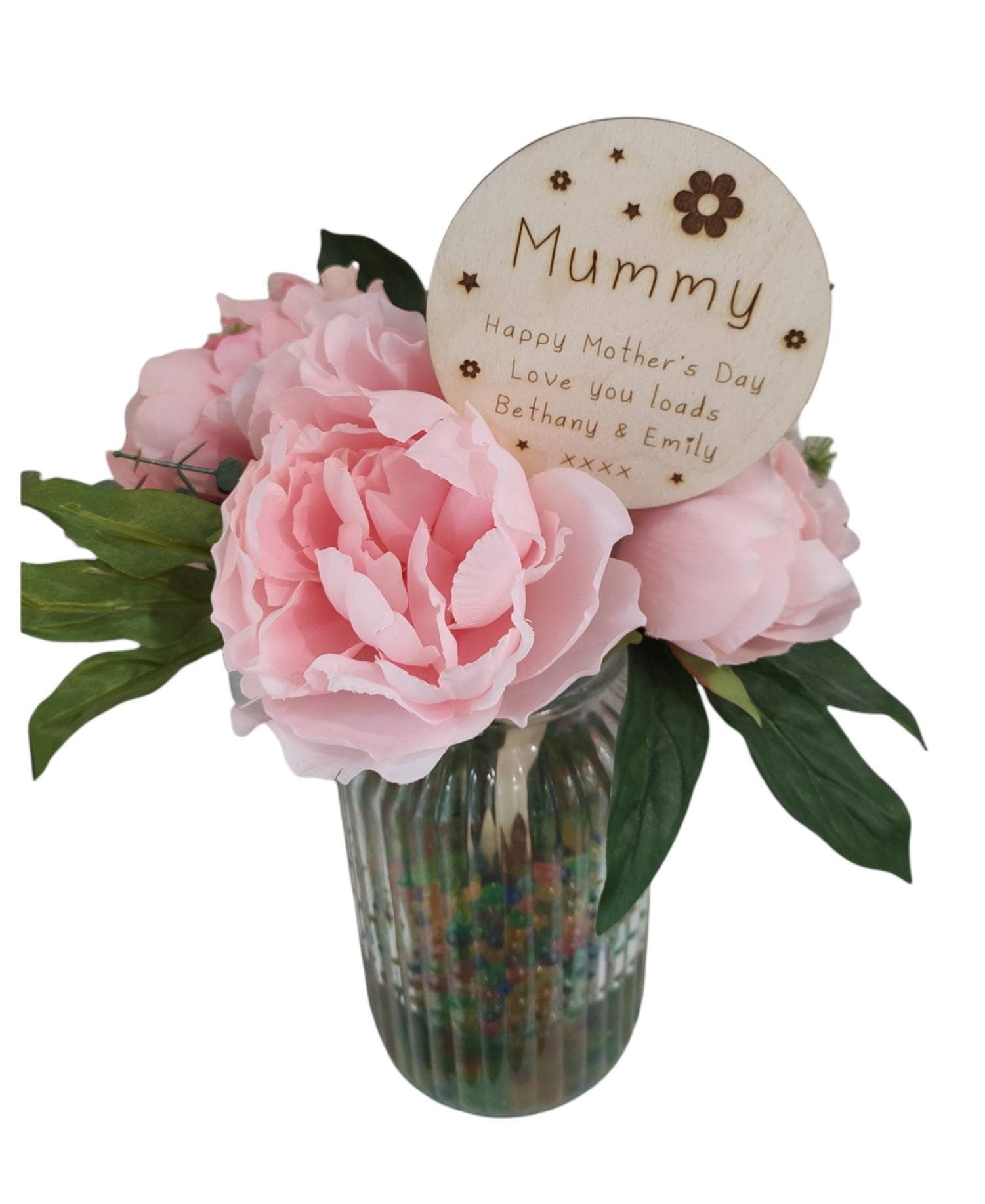 Personalised wooden plant marker with engraved floral and star design, perfect for bouquets, funeral flower arrangements, or gifting