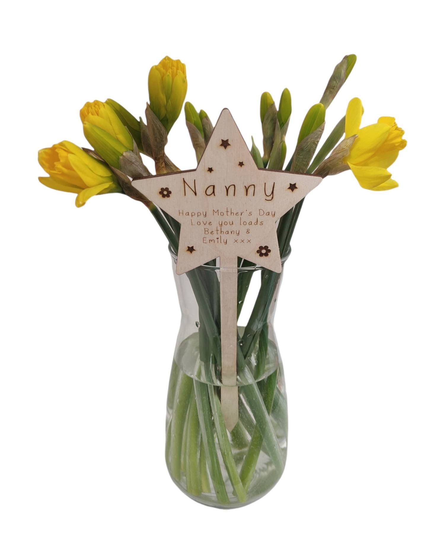 Personalised wooden plant marker with engraved floral and star design, perfect for bouquets, funeral flower arrangements, or gifting