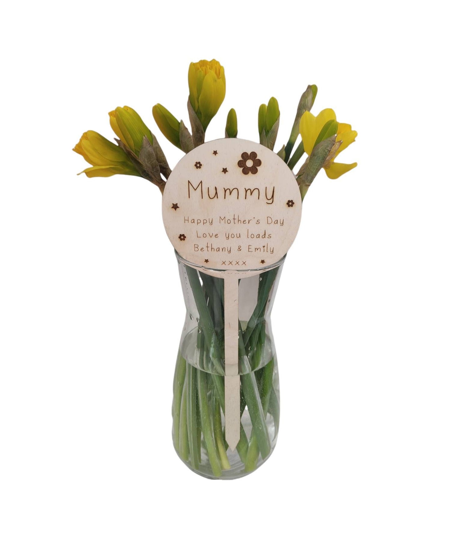 Personalised wooden plant marker with engraved floral and star design, perfect for bouquets, funeral flower arrangements, or gifting