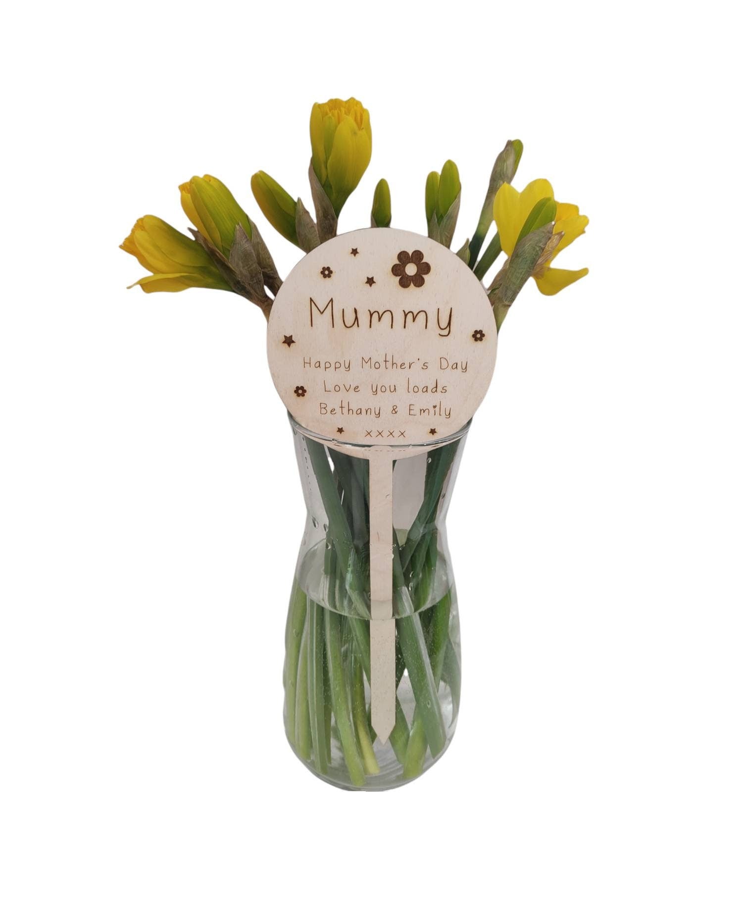 Personalised wooden plant marker with engraved floral and star design, perfect for bouquets, funeral flower arrangements, or gifting