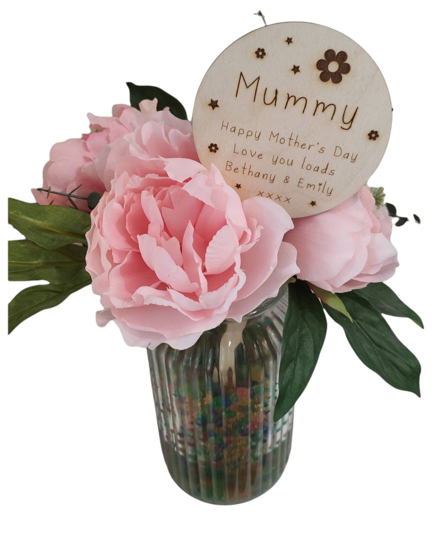 Personalised wooden plant marker with engraved floral and star design, perfect for bouquets, funeral flower arrangements, or gifting