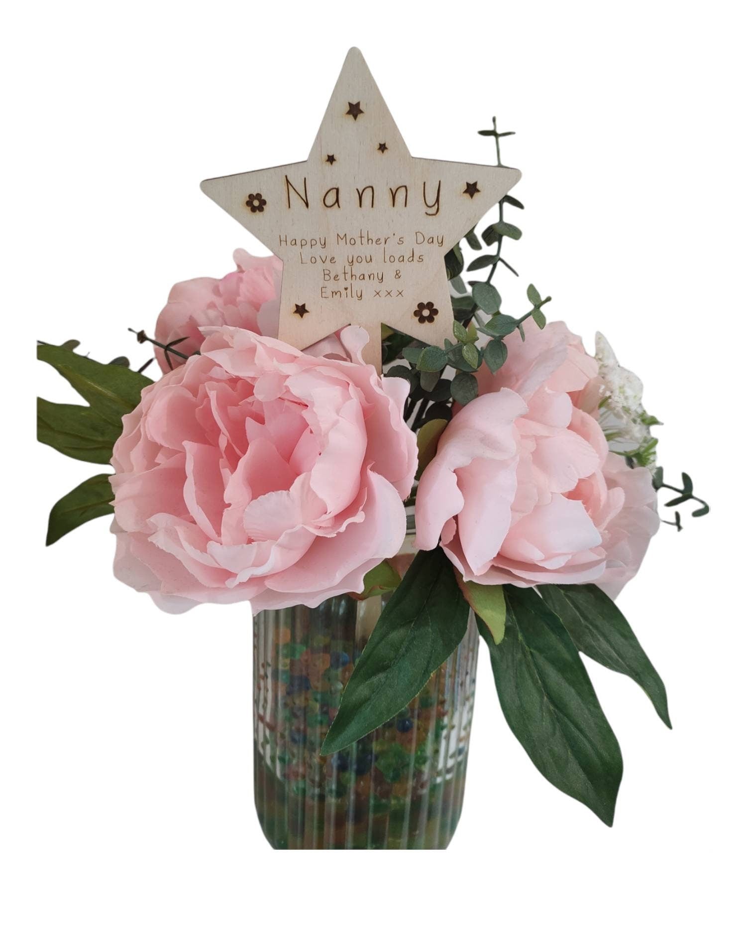 Personalised wooden plant marker with engraved floral and star design, perfect for bouquets, funeral flower arrangements, or gifting
