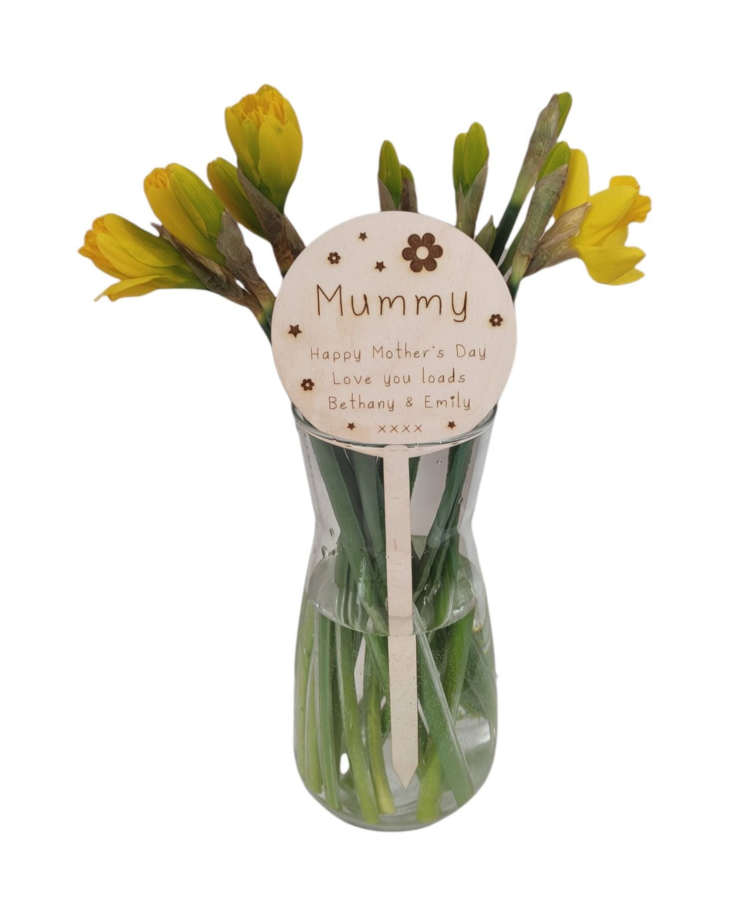 Personalised wooden plant marker with engraved floral and star design, perfect for bouquets, funeral flower arrangements, or gifting
