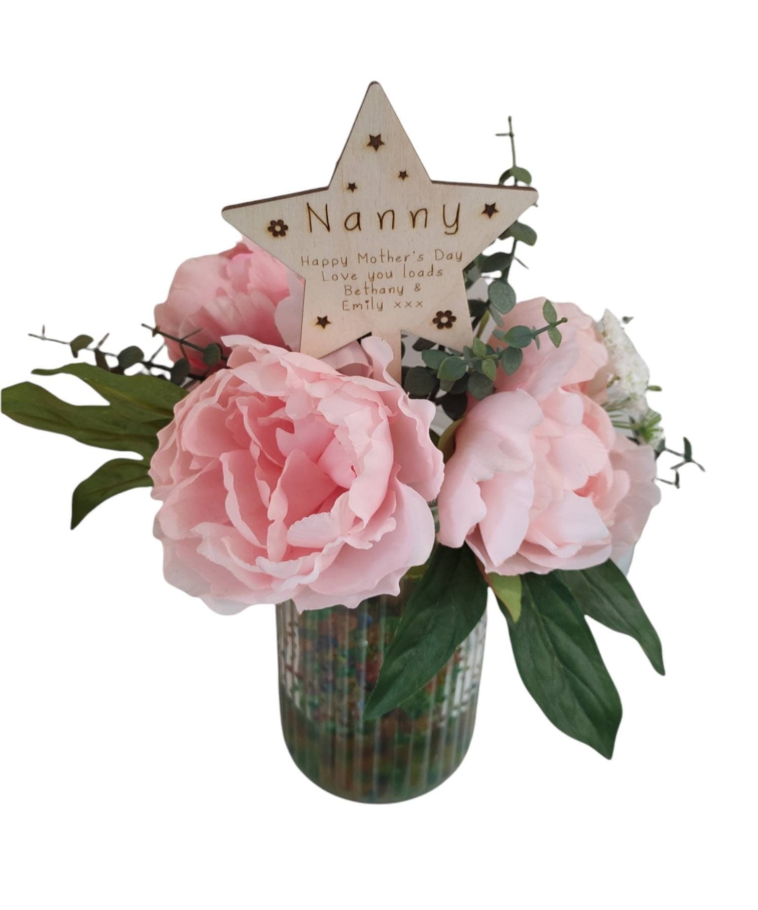 Personalised wooden plant marker with engraved floral and star design, perfect for bouquets, funeral flower arrangements, or gifting