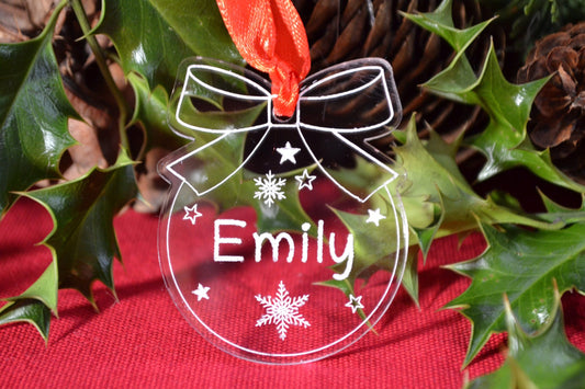 Circle and bow bauble engraved with any name, personalized Christmas tree ornament.