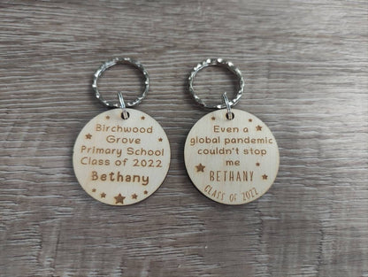 Circle keyring engraved with custom wording, perfect for your class gift.