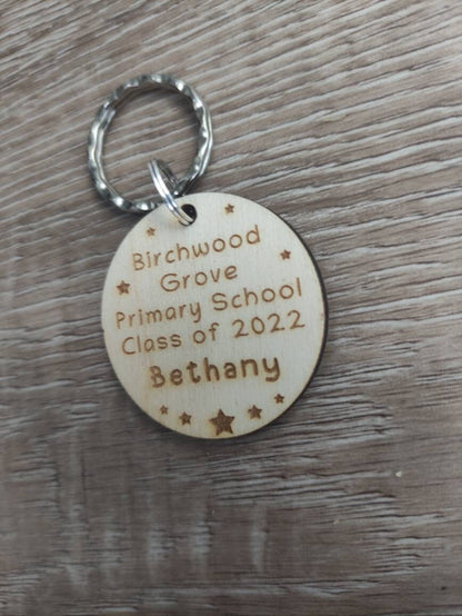 Circle keyring engraved with custom wording, perfect for your class gift.