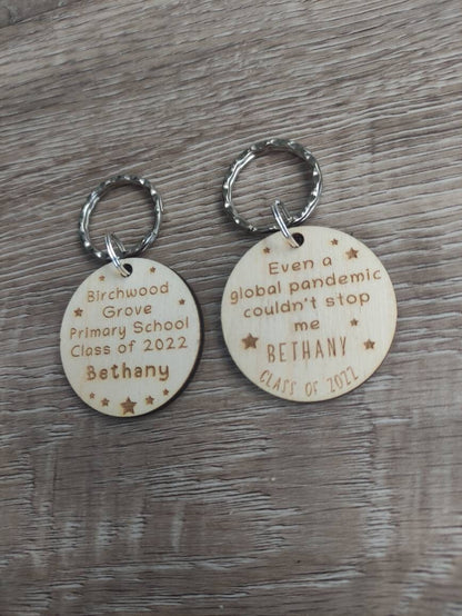 Circle keyring engraved with custom wording, perfect for your class gift.