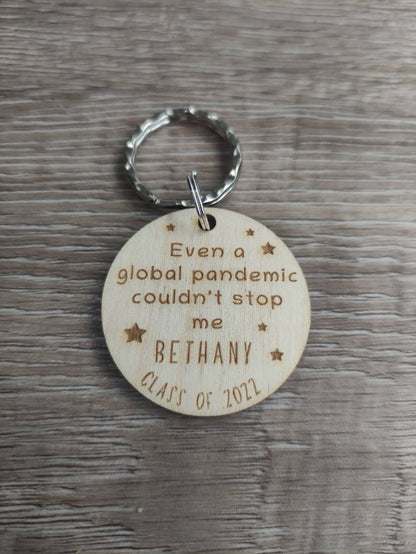 Circle keyring engraved with custom wording, perfect for your class gift.