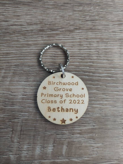 Circle keyring engraved with custom wording, perfect for your class gift.