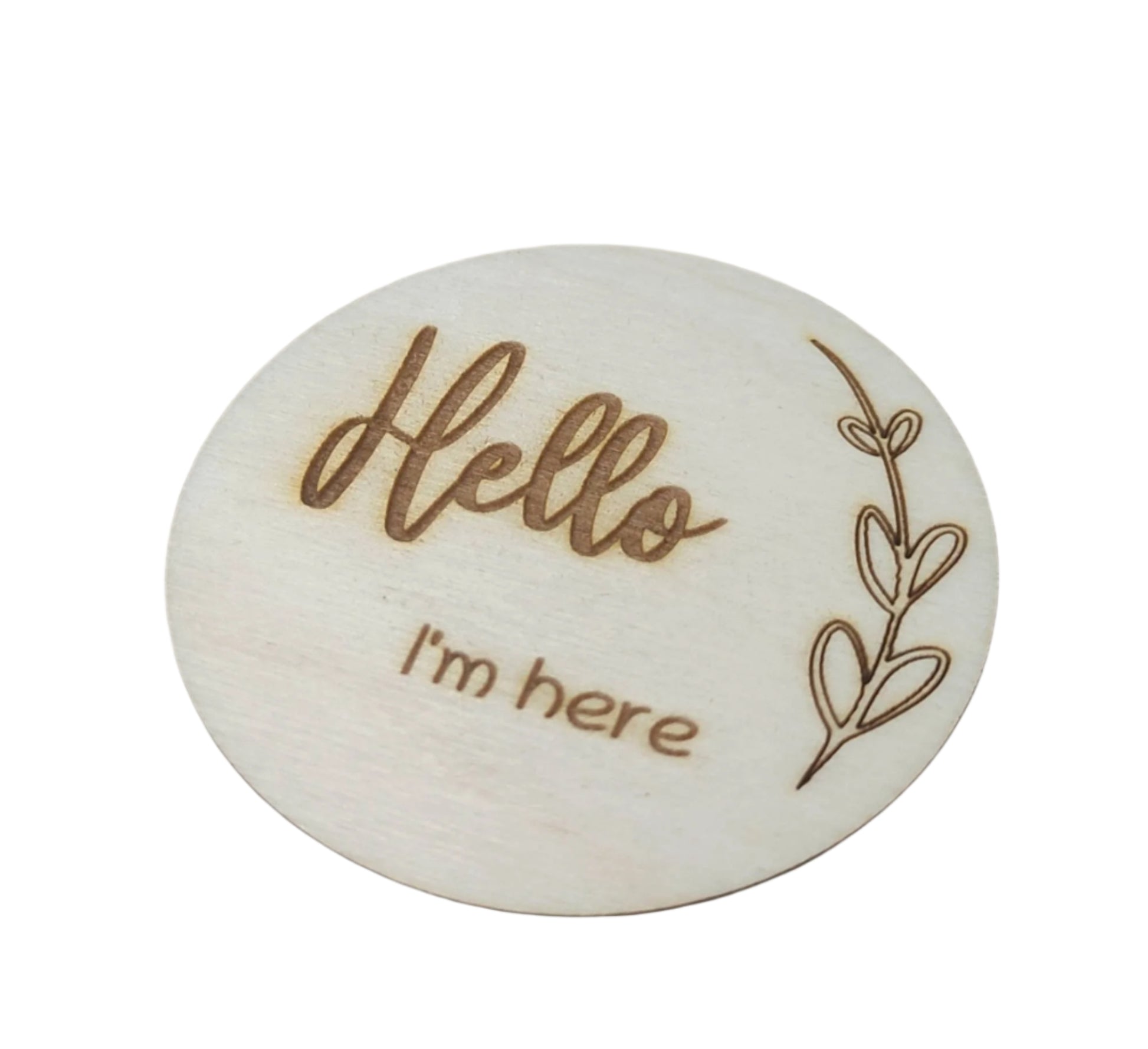 Personalised wooden milestone markers, engraved on 3mm plywood with a natural wood finish. Sized at 70mm x 70mm, they feature designs like 'Hello, I'm here' and other customisable options.