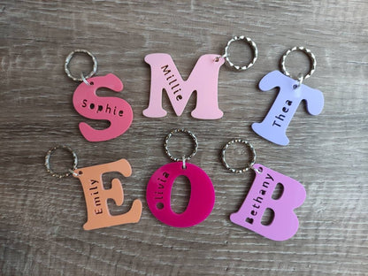 Personalised coloured acrylic keyring with engraved first letter, ideal for key identification and unique gifts.