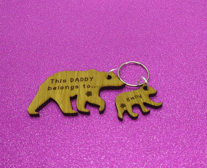 Daddy Bear Keyring with Baby Bear Charms, engraved with any name and This Daddy belongs to. 