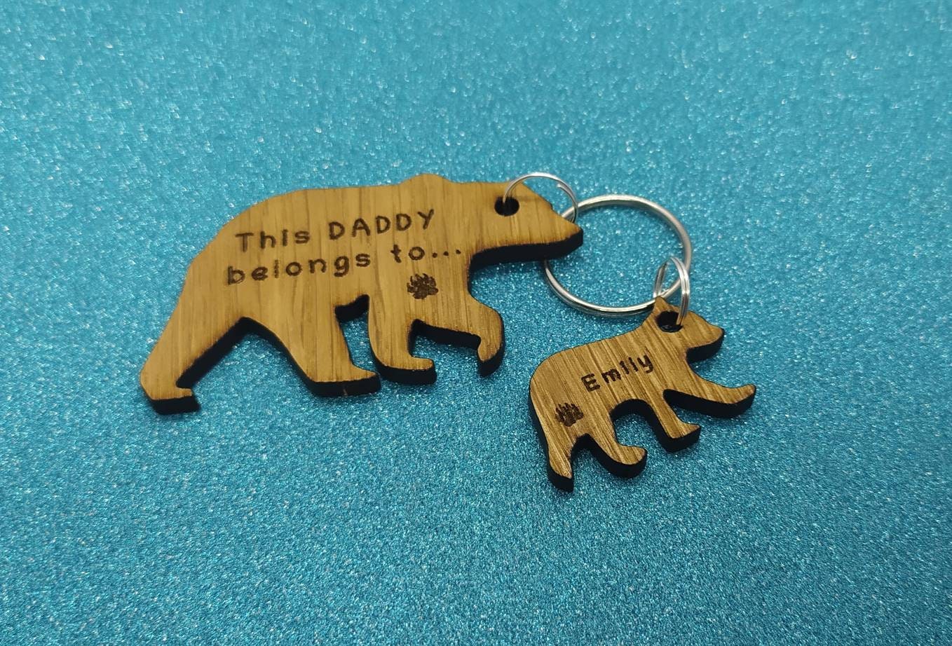 Daddy Bear Keyring with Baby Bear Charms, engraved with any name and This Daddy belongs to. 