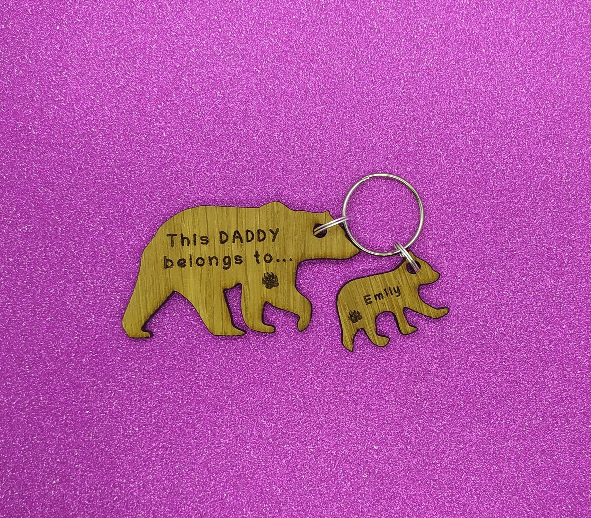 Daddy Bear Keyring with Baby Bear Charms, engraved with any name and This Daddy belongs to. 