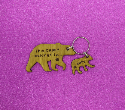 Daddy Bear Keyring with Baby Bear Charms, engraved with any name and This Daddy belongs to. 