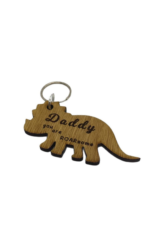 Triceratops keyring, engraved with "Daddy you are ROARsome," perfect for Father's Day or a special gift.