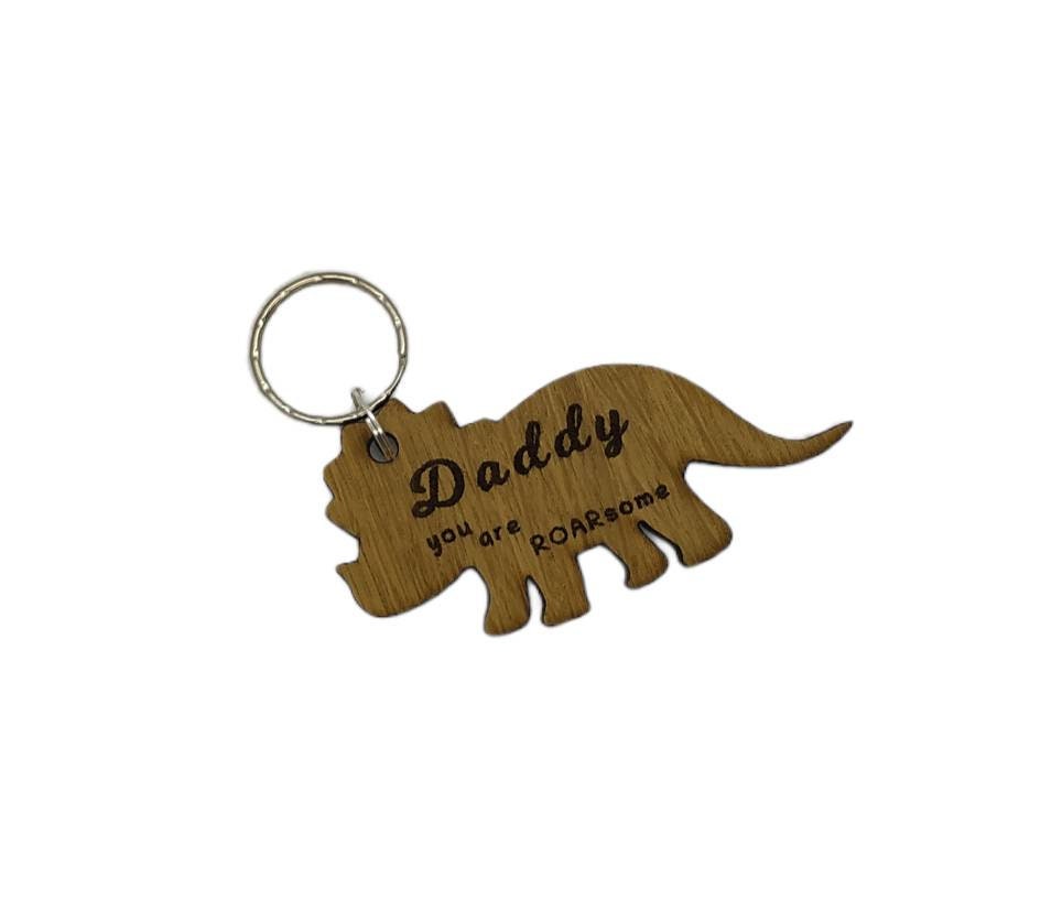 Triceratops keyring, engraved with "Daddy you are ROARsome," perfect for Father's Day or a special gift