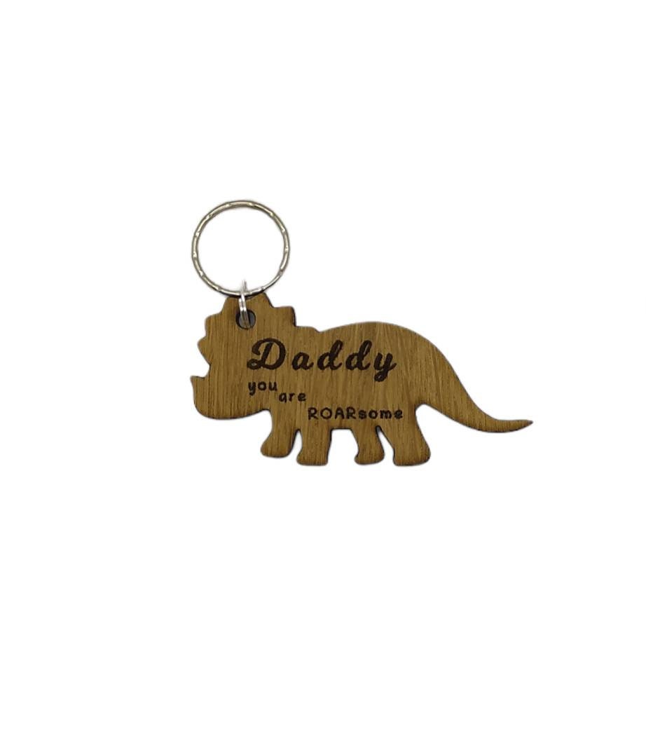 Triceratops keyring, engraved with "Daddy you are ROARsome," perfect for Father's Day or a special gift