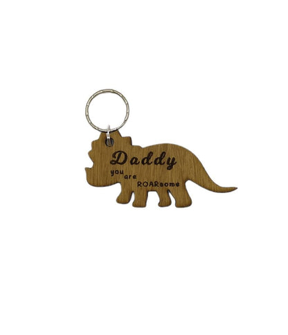 Triceratops keyring, engraved with "Daddy you are ROARsome," perfect for Father's Day or a special gift