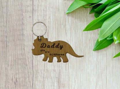 Triceratops keyring, engraved with "Daddy you are ROARsome," perfect for Father's Day or a special gift