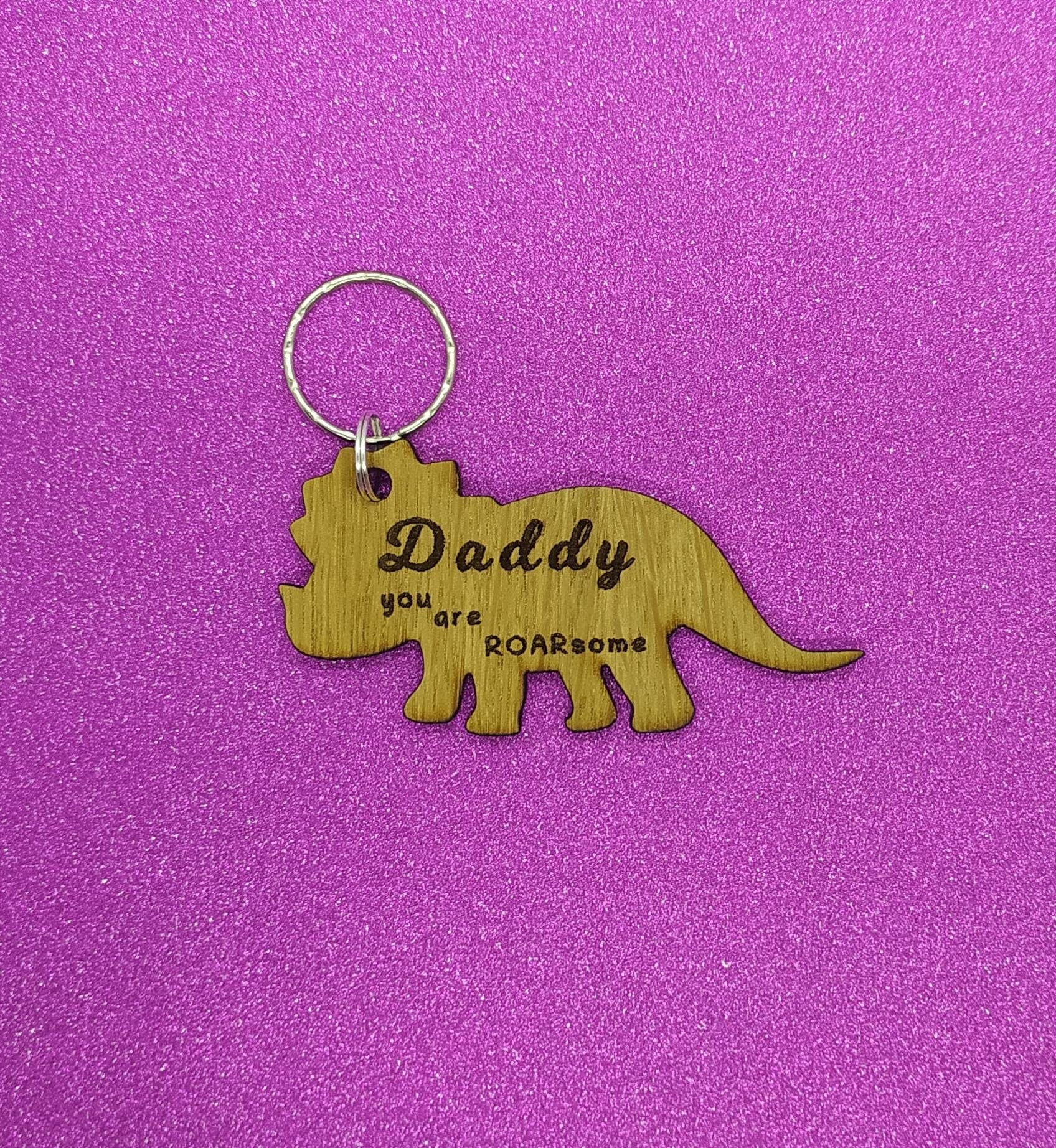 Triceratops keyring, engraved with "Daddy you are ROARsome," perfect for Father's Day or a special gift