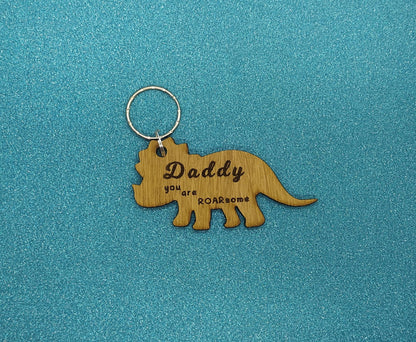 Triceratops keyring, engraved with "Daddy you are ROARsome," perfect for Father's Day or a special gift