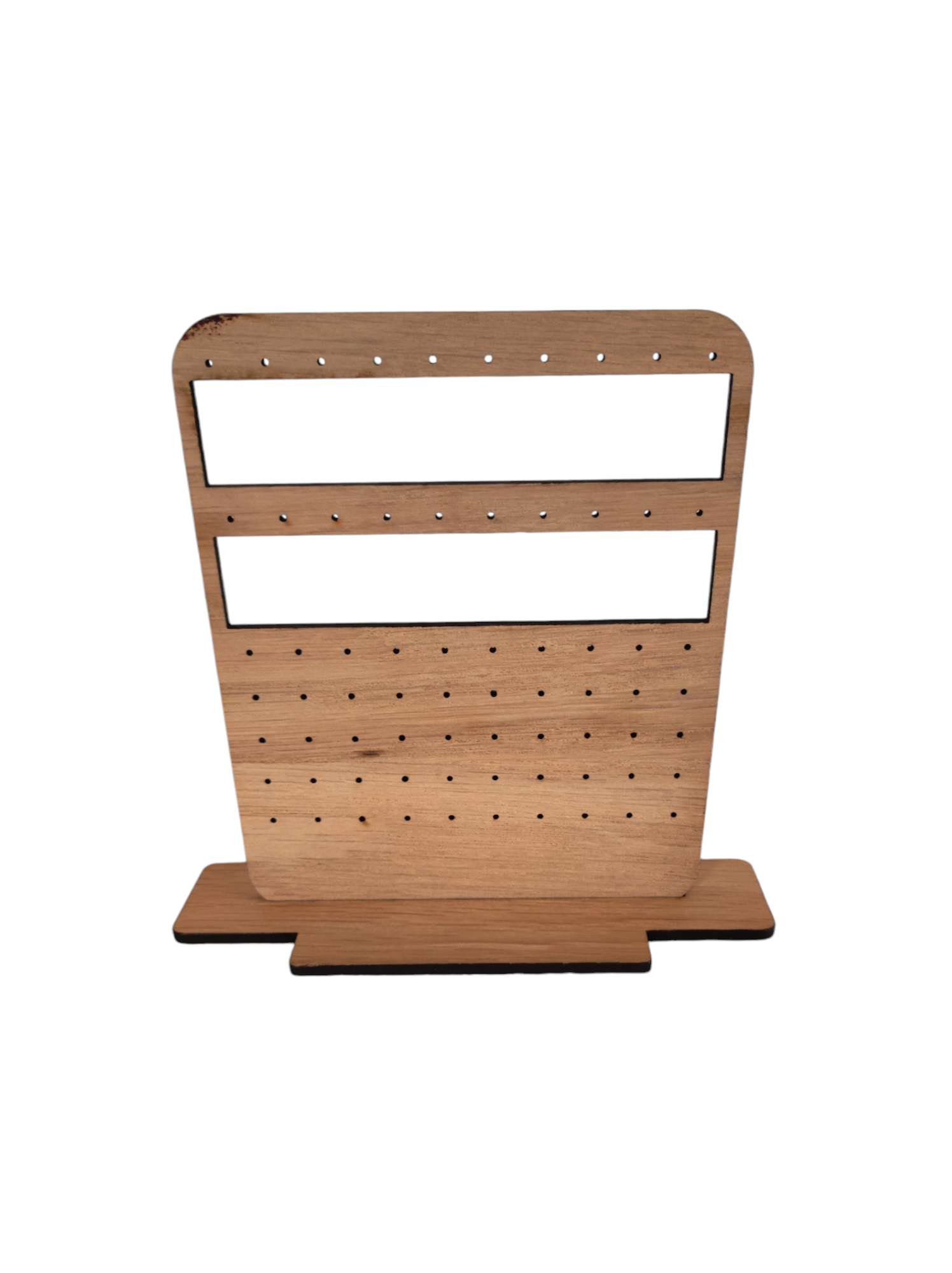 Wooden earring holder, with 2rows for hoops/hooks and 5 rows for studs.  Showing the bag display