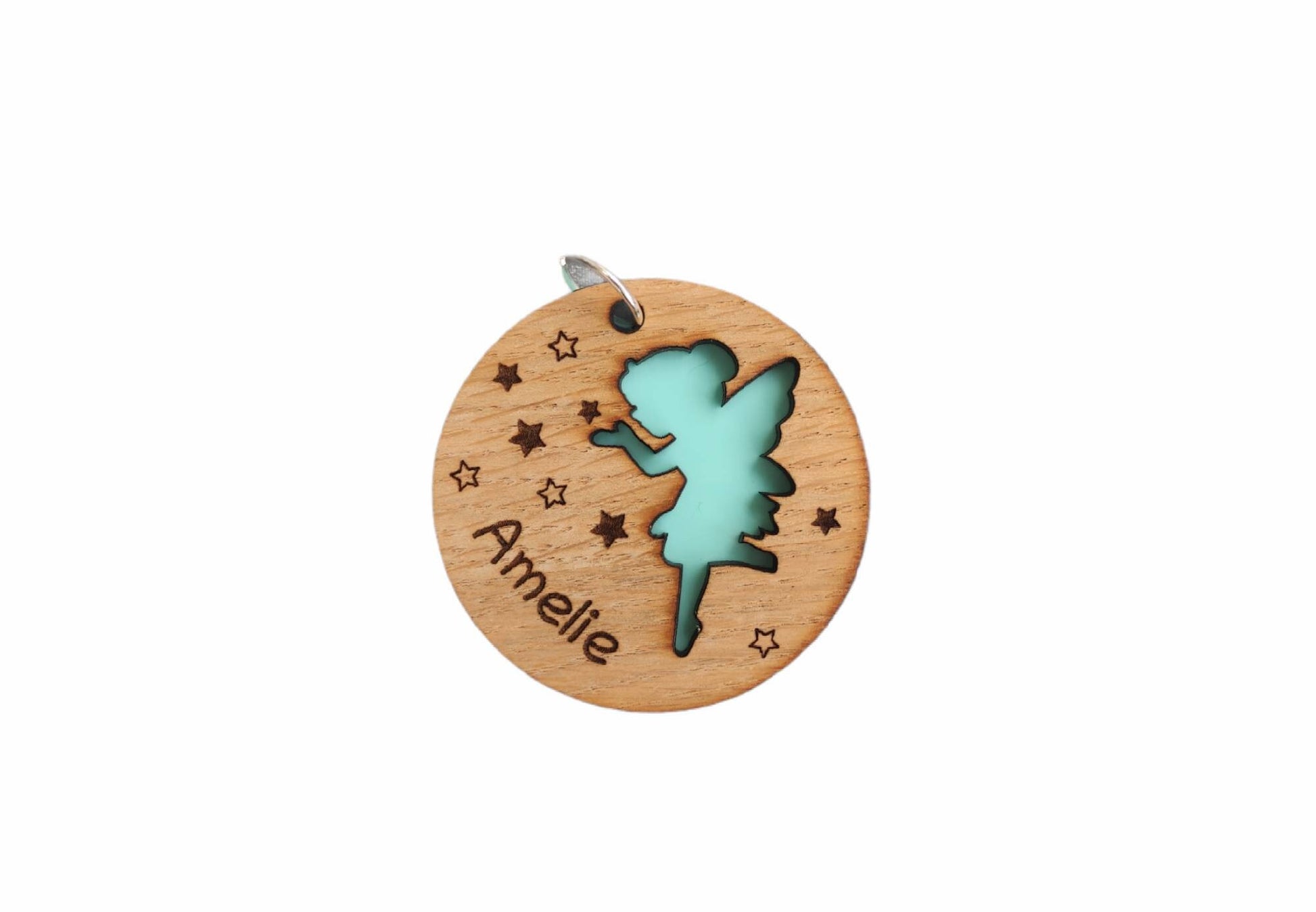 Circle wooden keyring with a fairy cut-out, engraved with any name.