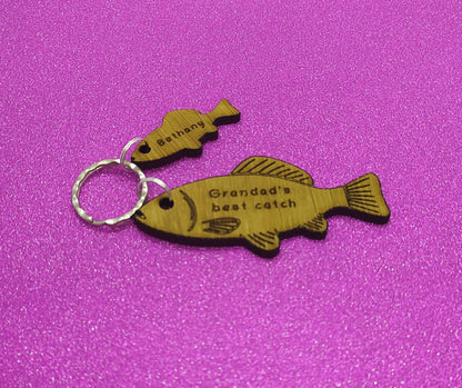 Fish Keyring with 'Grandad's Best Catch' Engraved, Includes Smaller Charms for Personalised Names