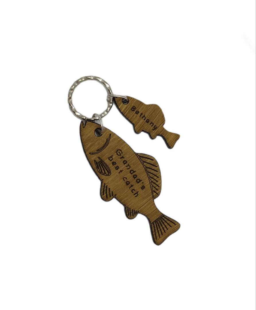 Fish Keyring with 'Grandad's Best Catch' Engraved, Includes Smaller Charms for Personalised Names