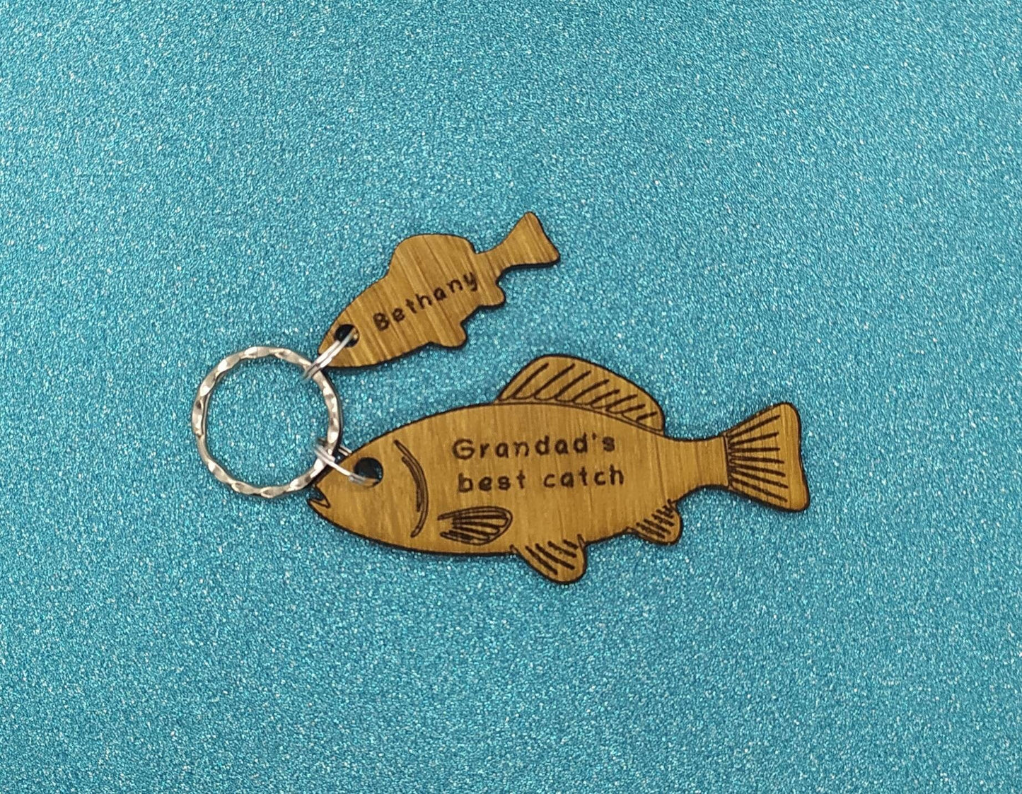 Fish Keyring with 'Grandad's Best Catch' Engraved, Includes Smaller Charms for Personalised Names