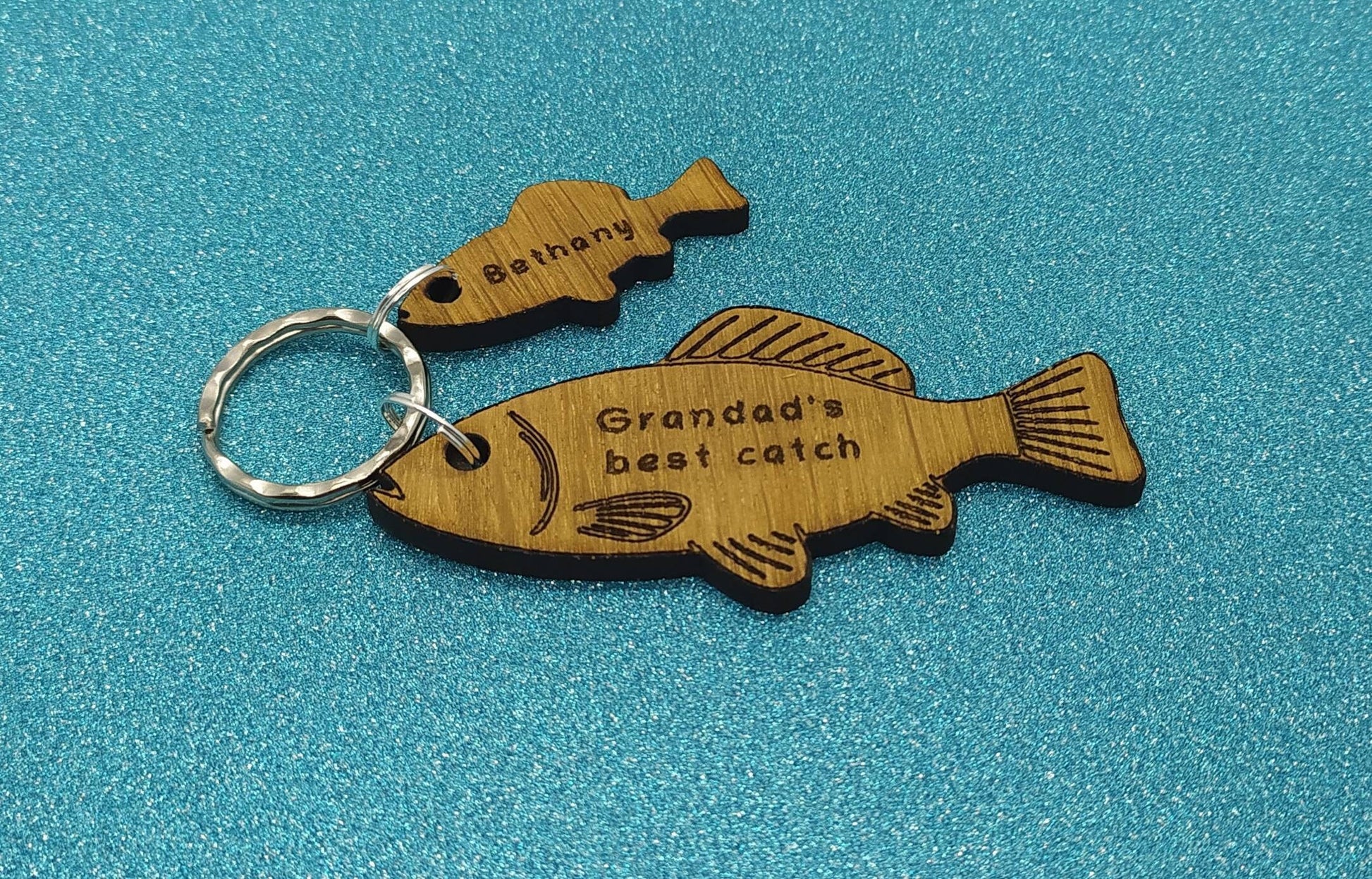 Fish Keyring with 'Grandad's Best Catch' Engraved, Includes Smaller Charms for Personalised Names
