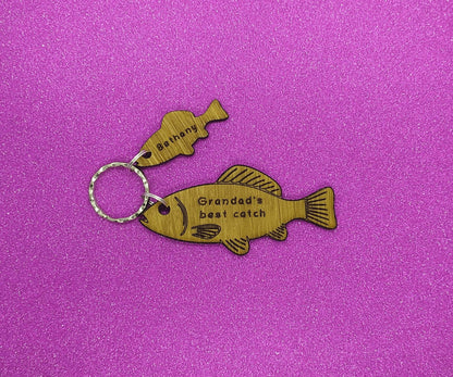 Fish Keyring with 'Grandad's Best Catch' Engraved, Includes Smaller Charms for Personalised Names