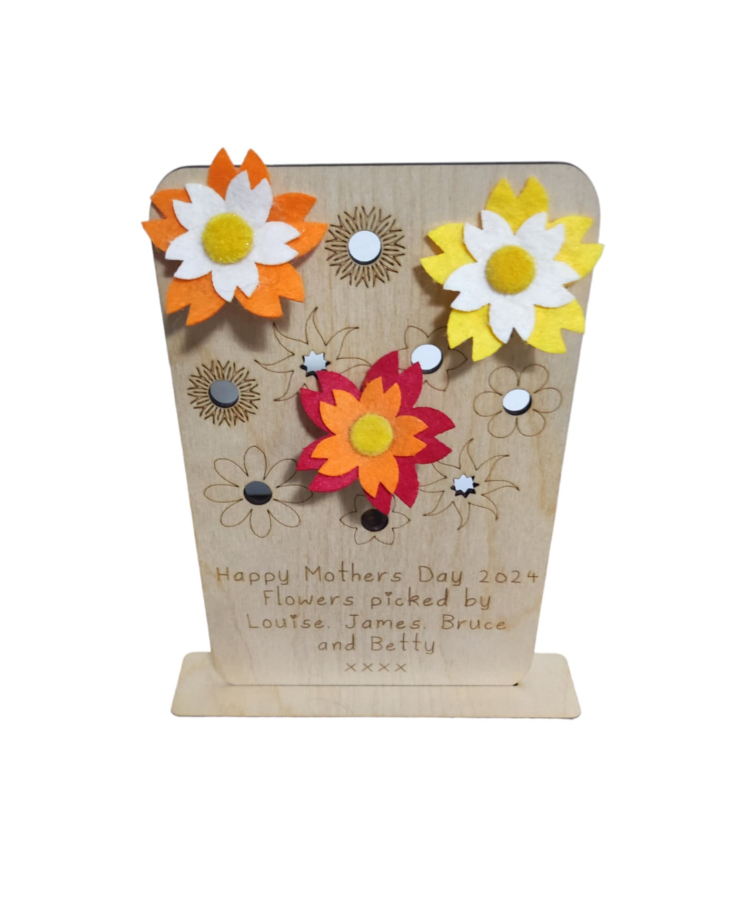 Personalised wooden floral decoration, intricately laser-engraved with flower designs and featuring holes to add your own blooms. 