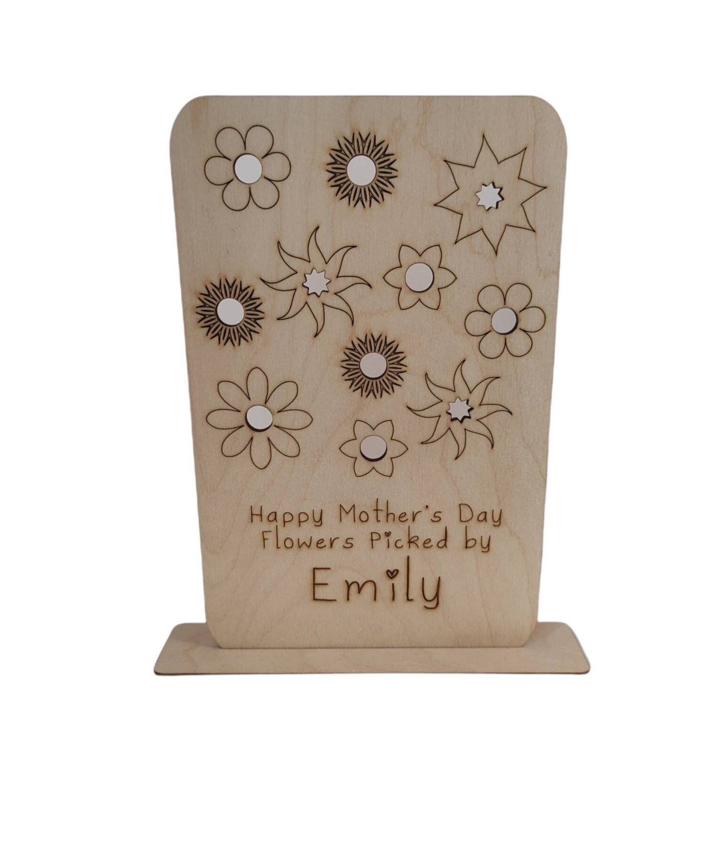Personalised wooden floral decoration, intricately laser-engraved with flower designs and featuring holes to add your own blooms. 