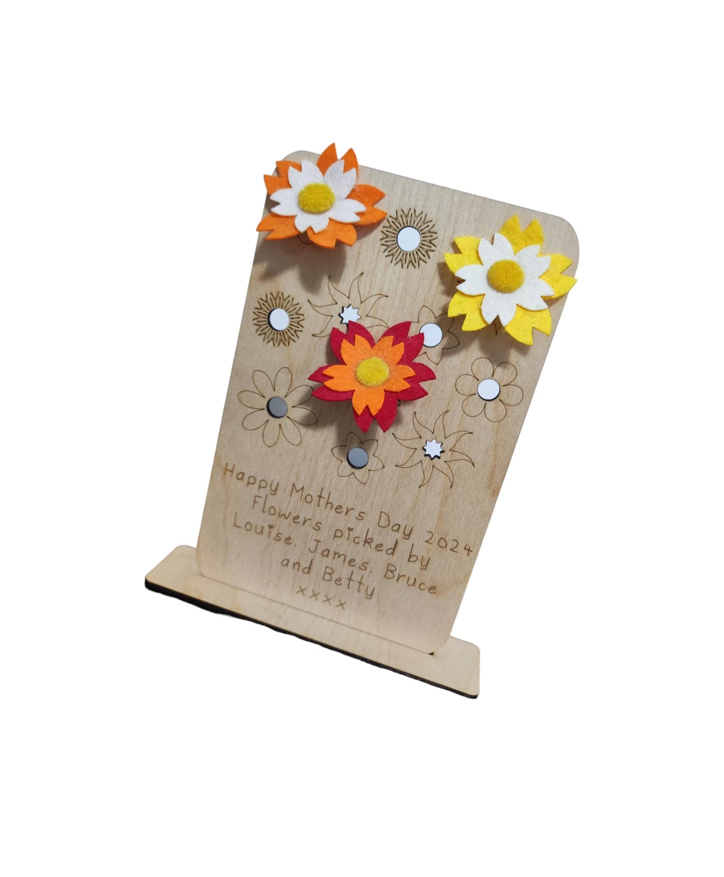 Personalised wooden floral decoration, intricately laser-engraved with flower designs and featuring holes to add your own blooms. 